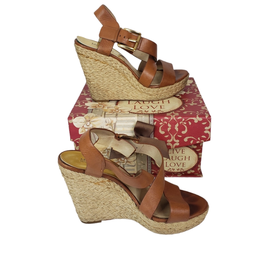 Michael Kors Celia Womens Brown Mid Wedge Platform Sandal Ankle Strap Y2K sz 8.5 - Picture 3 of 14